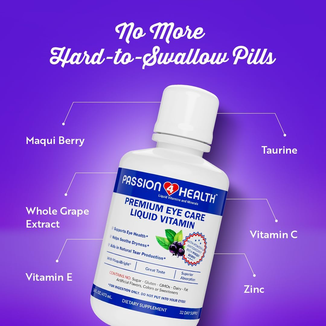 Passion 4 Health Liquid Eye Vitamins - Natural Vision & Adult Eye Care Supplement - Premium Support with Maqui Berry Extract, Gluten-Free, Non-GMO, No Sugar - 30-Day Supply, Made in USA