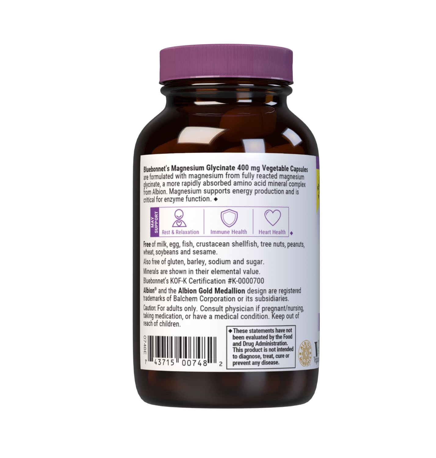 Bluebonnet Nutrition Magnesium Glycinate 400mg Maximum Absorption Mineral Complex Supports Energy Production & Enzyme Function - Non-GMO, Soy-Free, Gluten-Free - 120 Veggie Capsules