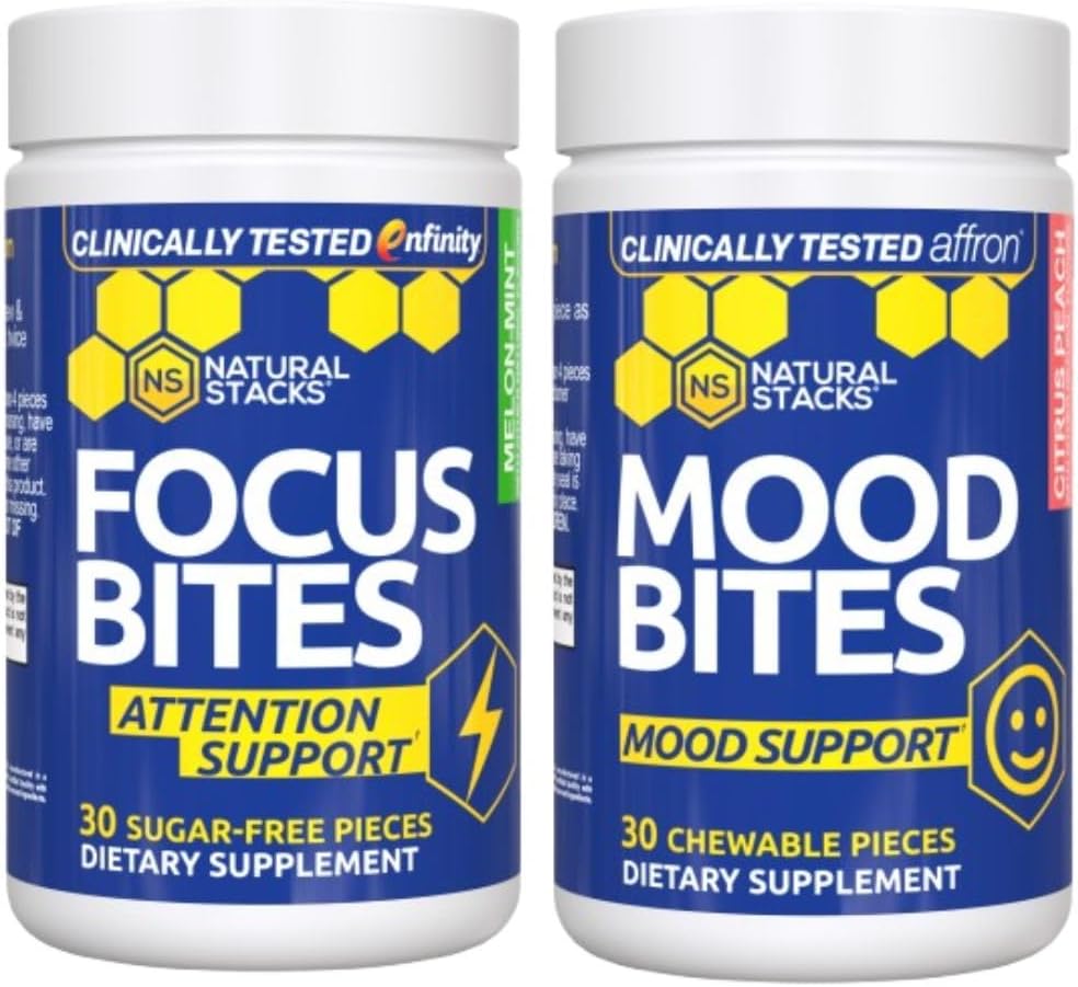 NATURAL STACKS Focus Bites & Mood Bites Bundle - Paraxanthine & Saffron Supplements - Supports Focus, Attention & Mood* - 60 Chewables