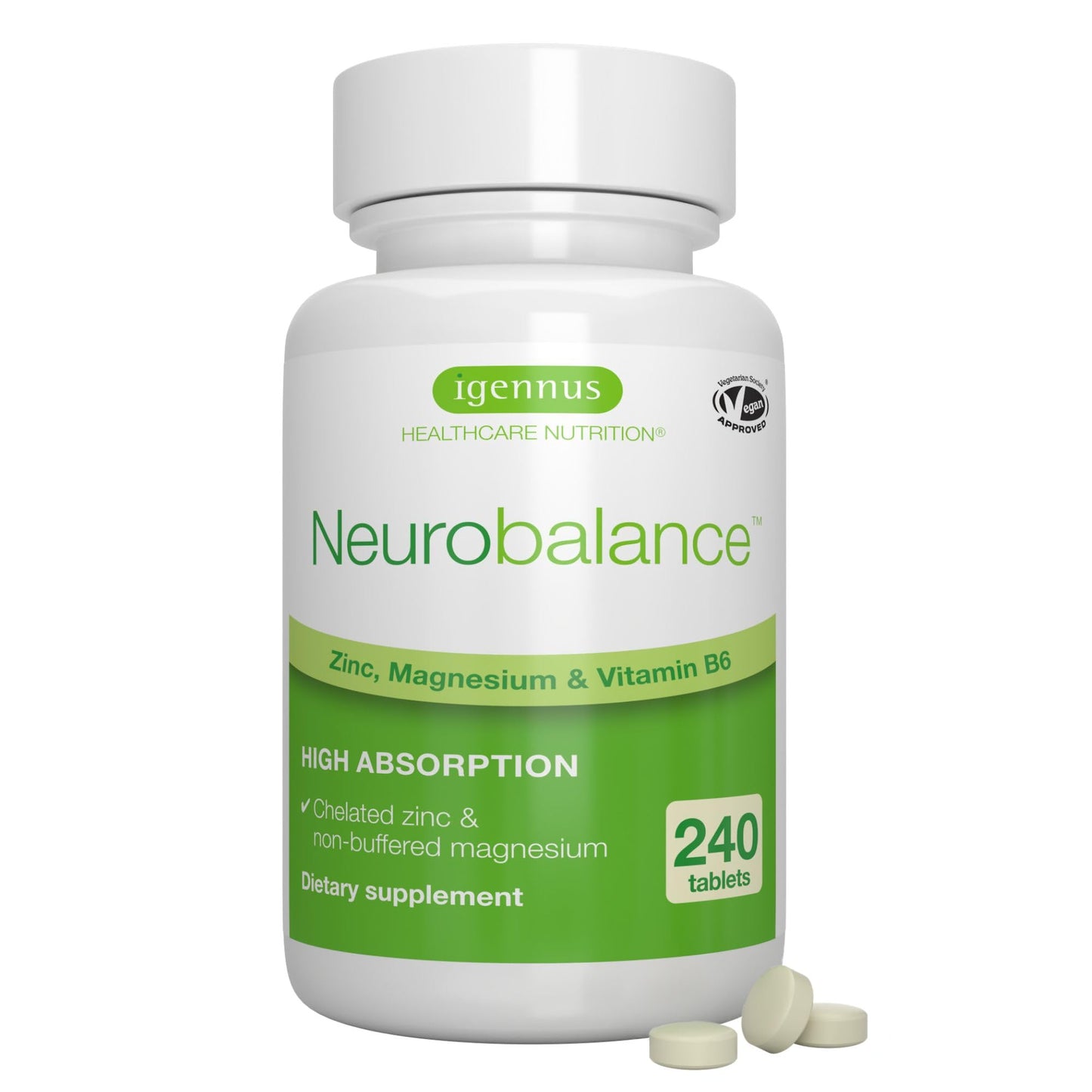 Igennus Neurobalance High Absorption Zinc Magnesium & B6 Complex | Cognitive Support, Calm Focus & Relaxation, Chelated Zinc & Fully Reacted Magnesium, Vegan, Non-GMO, 120 Small Tablets
