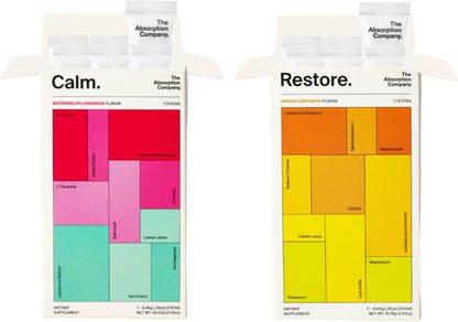 The Absorption Company Powder Bundle - Calm & Restore Supplement Packs (7) | Workout Recovery Mix, Energy Hydration Boost + Calming Relax Drink Packs, No Melatonin, Vitamin Health Kit, High Absorption