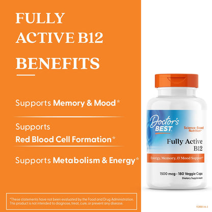 Doctor's Best Vitamin B12 Methylcobalamin for Men & Women - Vitamin B 12 Caps 1500 mcg, VIT B-12 Supplement, Vegan, Gluten Free, Non GMO, Fully Active - 180 Veg Capsules