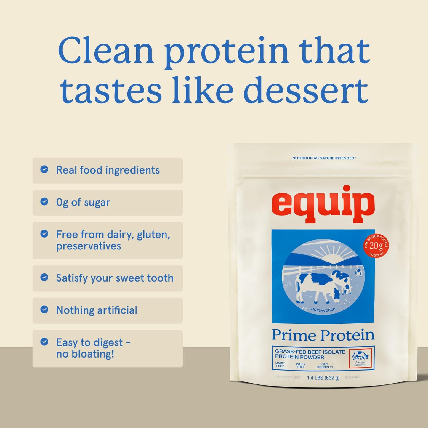 Equip Prime Chocolate Protein Powder - Gut-Friendly, No Sugar Protein Shake Powder with Grass-Fed Beef & Natural Collagen - Rich & Creamy Mix - 21g Per Serving - Whey & Dairy-Free (30 Scoops)