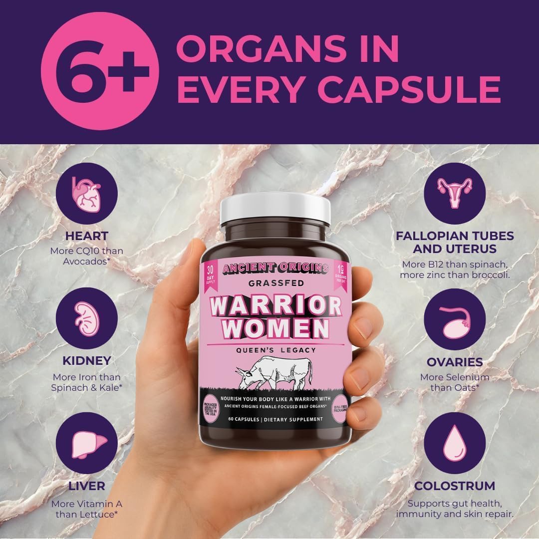 Grass Fed Beef Organ Supplement for Women 500mg – Desiccated Uterus, Ovary, Liver, Kidney, Heart & Colostrum, Non-GMO, Gluten Free, Undefatted by Ancient Origins (60 Caps, 500mg Each)