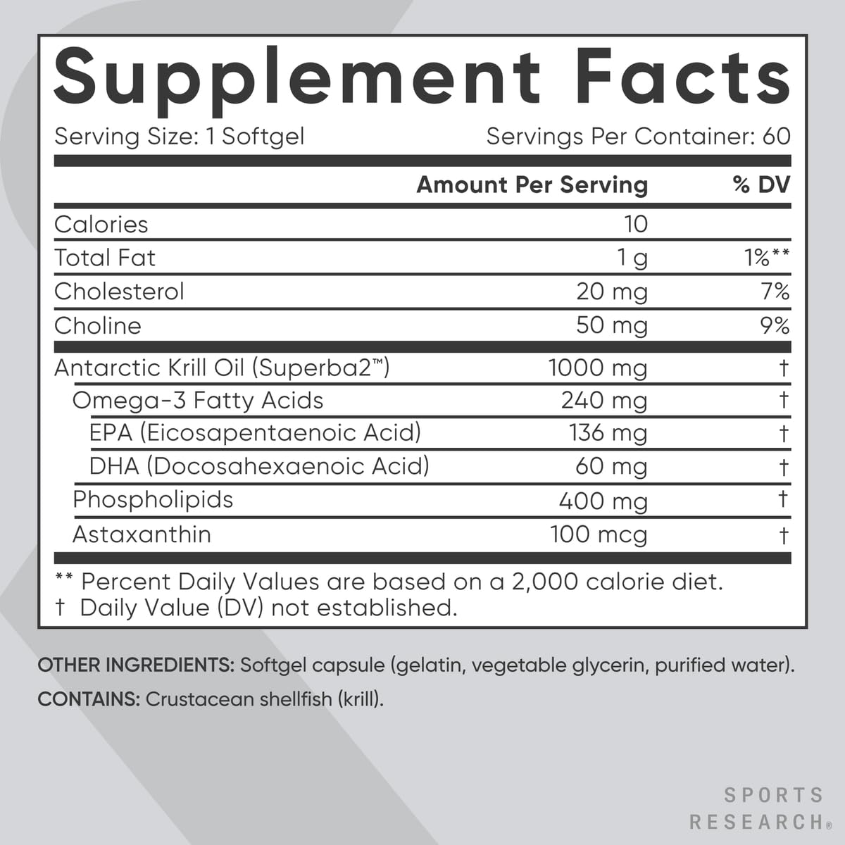 Sports Research Krill Oil Supplement with EPA & DHA Omega 3, Phospholipids & Astaxanthin from Antarctic Krill - Highest Concentration of Krill Oil for Men & Women - 1000mg, 60 Softgel Capsules