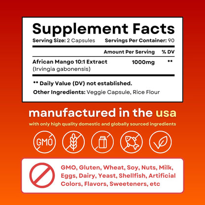 African Mango Capsules for Immune System, Metabolism, and Nutritional Wellness Support - Pure 10:1 Irvingia Gabonensis Extract - 180 Veggie Capsules Non-GMO, Gluten-Free, Vegan-Friendly