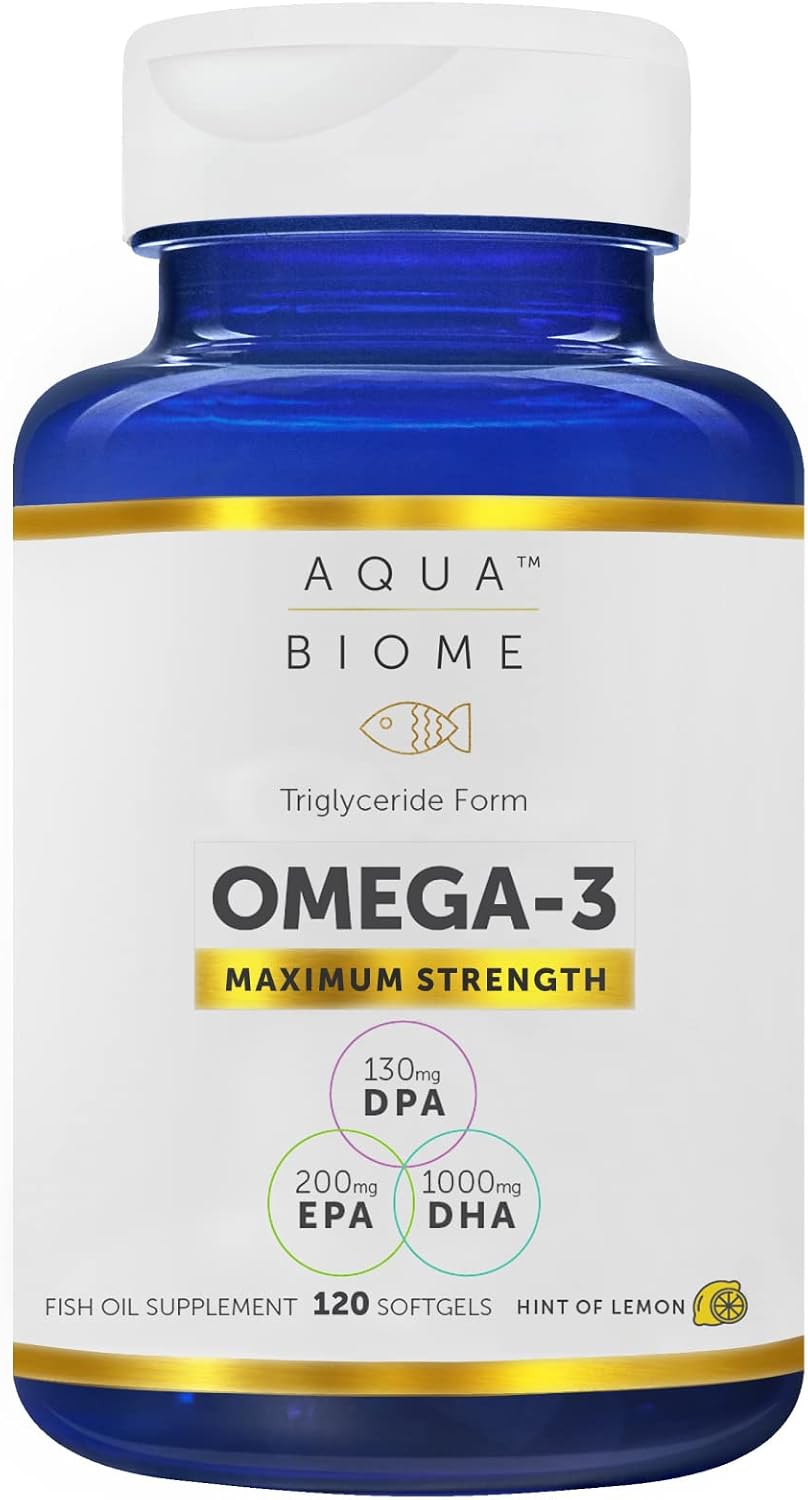 Aqua Biome by Enzymedica Omega 3 Fish Oil Maximum Strength - 120 Softgels | Fish Oil Omega 3 Fatty Acid Supplement for Women & Men, Source of DPA, EPA, & DHA, Heart & Brain Health Support, Gluten Free