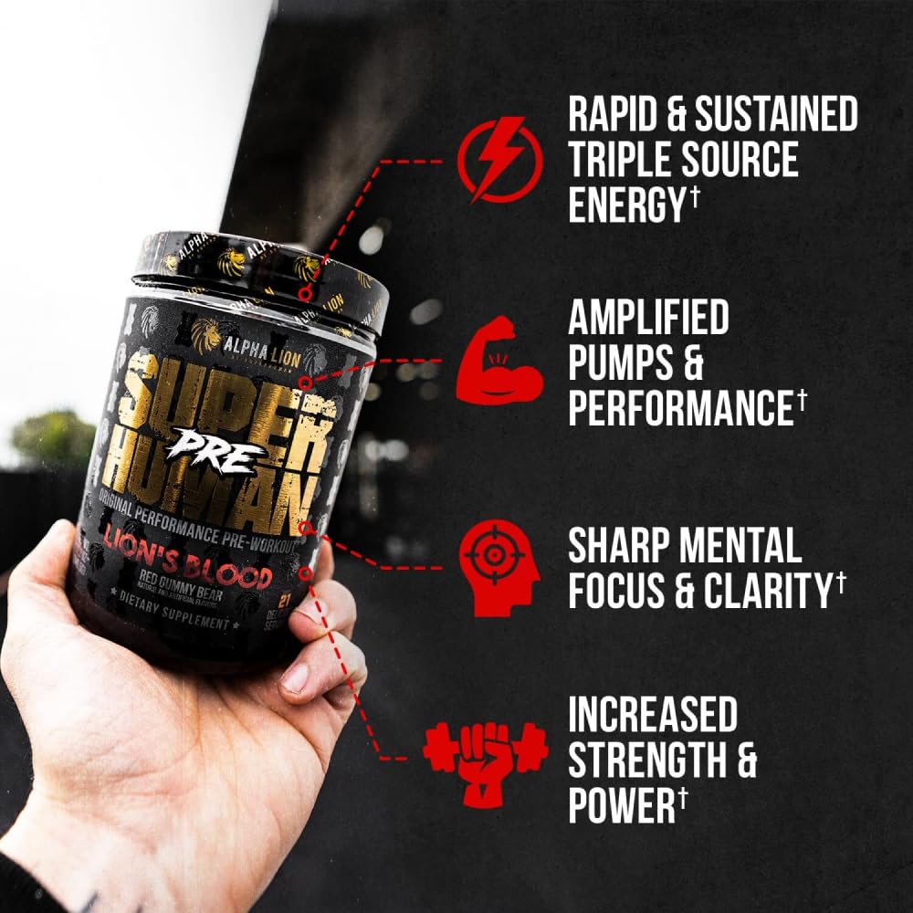 ALPHA LION Superhuman Pre Workout Powder, Beta Alanine, L-Taurine & Tri-Source Caffeine for Sustained Energy & Focus, Nitric Oxide & Citrulline for Pump (21 Servings, Sour Gummy Bear Flavor)
