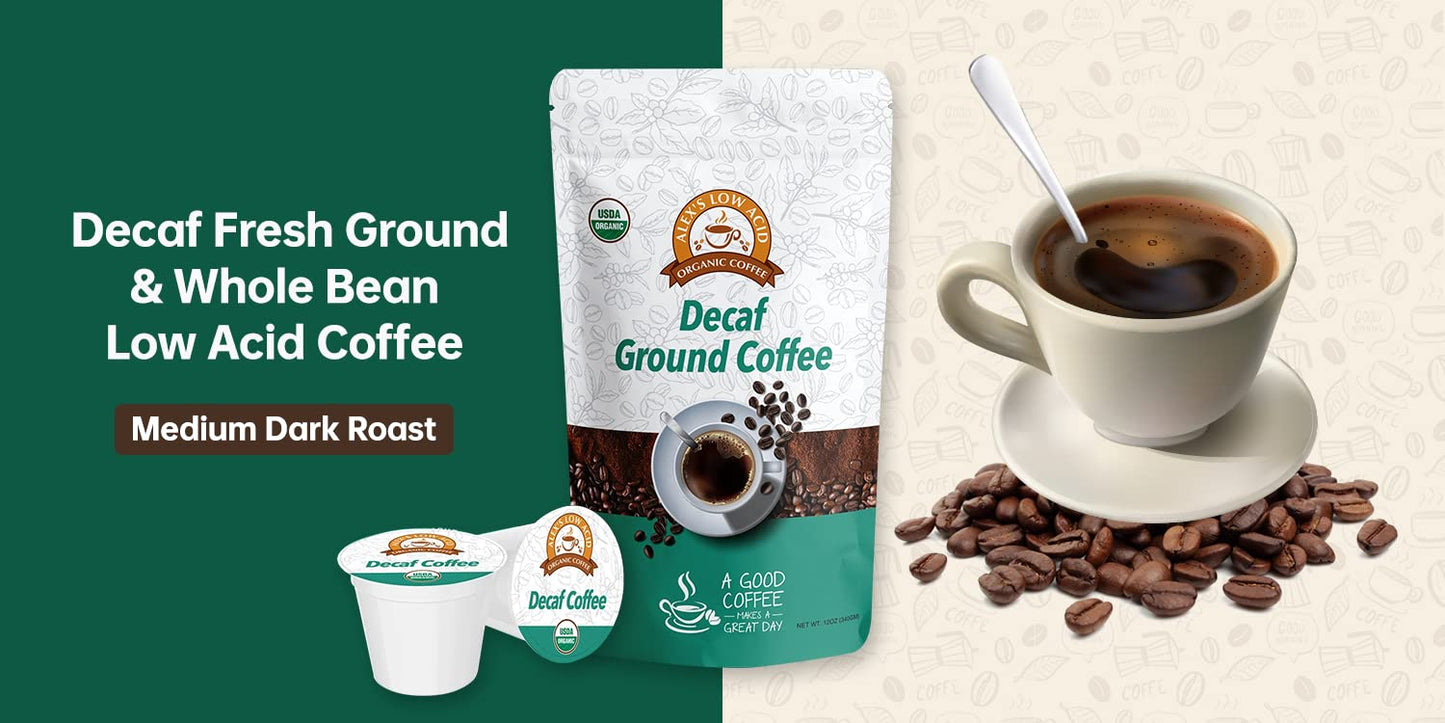 Alex's Low Acid Organic Coffee 12oz Bag - Fresh Ground Decaf (Pack of 1)