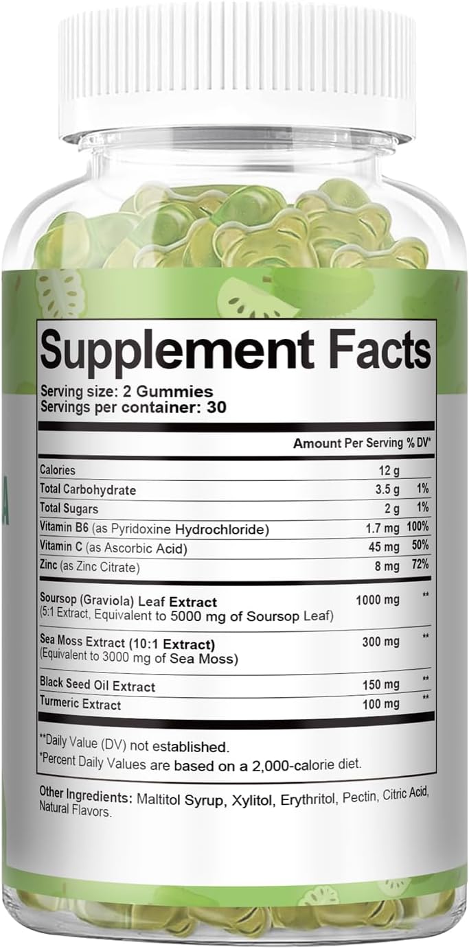 Totaria Sugar Free Soursop Oil Graviola Sea Moss Gummies - Support Digestive Sleep Skin Health, Immunity & Antioxidant - Guanabana Fruit with Sea Moss, 150mg Black Seed Oil Organic Non-GMO Vegan