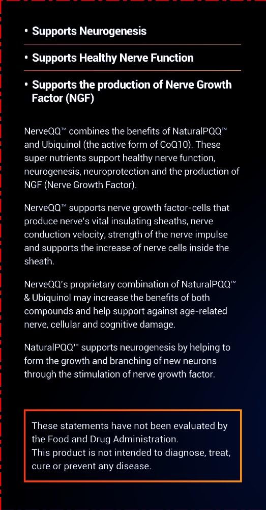 NerveQQ Ultra Advanced Formula Neuropathy Support - #1 Recommended Nerve Growth Factor (NGF) Health and Function. 100mg of Ubiquinol (QH) Plus Natural PQQ 20mg (Vegetarian Softgels)