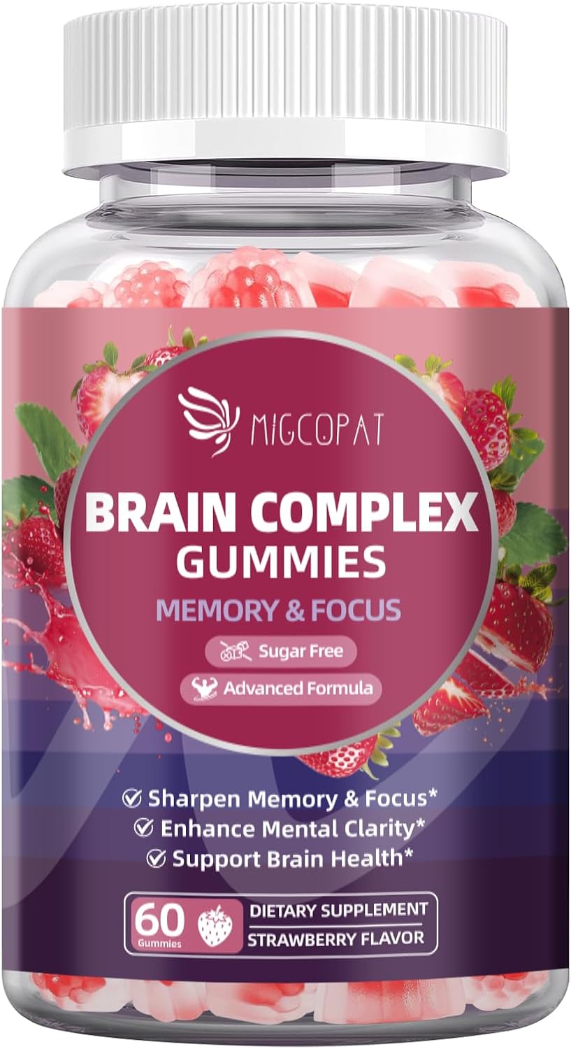 Migcopat Brain Supplements for Memory & Focus – Nootropic Gummies w/Bacopa, Lion’s Mane, Ginkgo & 10-in-1 Mushroom Complex, Mental Clarity & Cognitive Support, Caffeine-Free Strawberry Flavor 60 Cts