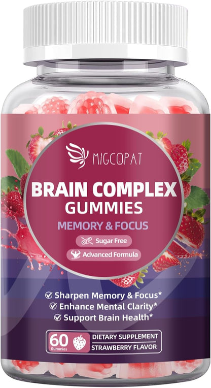 Migcopat Brain Supplements for Memory & Focus – Nootropic Gummies w/Bacopa, Lion’s Mane, Ginkgo & 10-in-1 Mushroom Complex, Mental Clarity & Cognitive Support, Caffeine-Free Strawberry Flavor 60 Cts