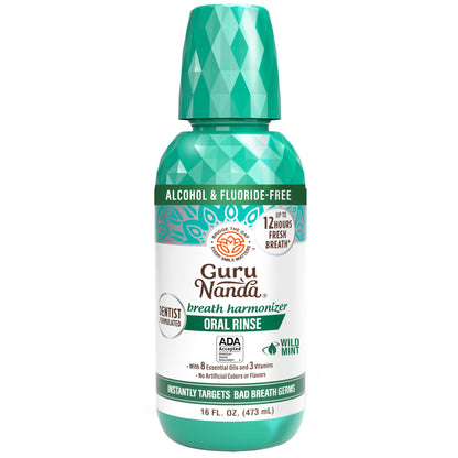 GuruNanda Fresh Breath Mouthwash – 12-Hour Fresh Breath & Helps Fight Bad Breath – ADA Accepted, Alcohol & Fluoride-Free Oral Rinse, Wild Mint - 16 oz, Pack of 2
