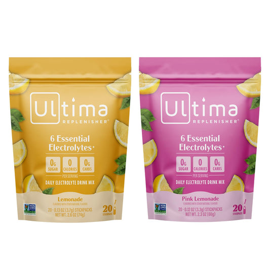 Ultima Replenisher Electrolyte Powder Drink Mix Bundle – Sugar Free – Lemonade and Pink Lemonade, 20 Stickpacks – 6 Electrolytes and Minerals – Keto Friendly, Vegan, Non-GMO