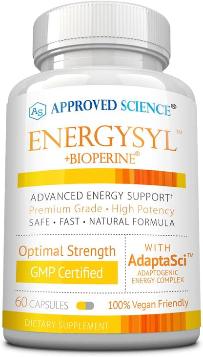 Approved Science Energysyl - Caffeine Free - with Adaptogens, B Vitamins, and Bioperine - 1 Month Supply - 60 Capsules - Made in The USA