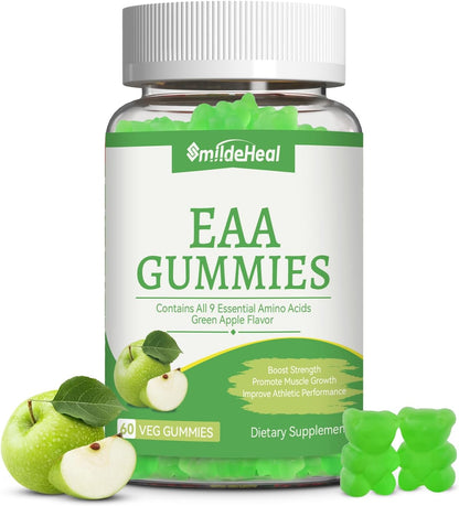 EAA Gummies, Essential Amino Acids, Apple Flavor, 60 Vegan Gummies | All 9 Essential Aminos (EAA) and All Branched-Chain Aminos (BCAAs) for Muscle Recovery, Energy Support, Non-GMO, Gluten Free