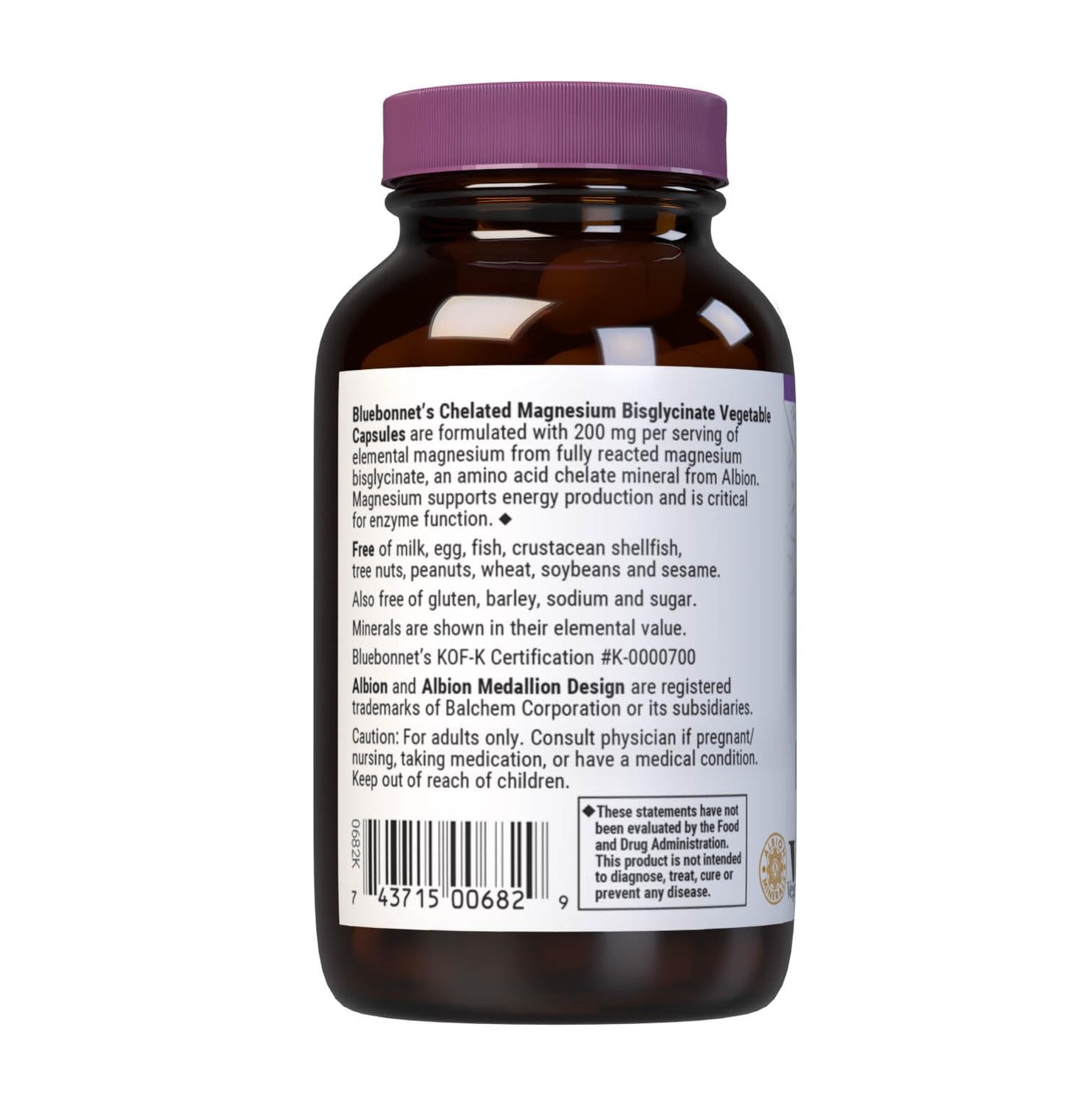 Bluebonnet Nutrition Albion Chelated Magnesium Vegetable Capsule, 200 mg, Stress Relief, Vegan, Non GMO, Gluten Free, Soy Free, Milk Free, Kosher, 120 Vegetable Capsule, 2 Month Supply