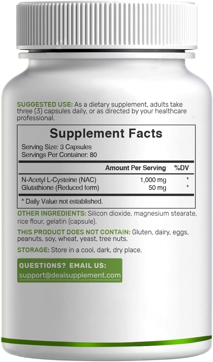 DEAL SUPPLEMENT NAC Supplement (N-Acetyl Cysteine) 1,000mg Per Serving with Reduced Glutathione, 240 Capsules – Antioxidant Support for Immune Health, Lung, & Liver Function