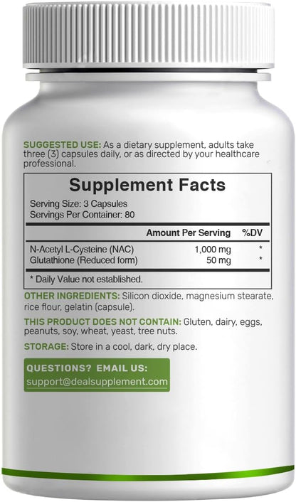 DEAL SUPPLEMENT NAC Supplement (N-Acetyl Cysteine) 1,000mg Per Serving with Reduced Glutathione, 240 Capsules – Antioxidant Support for Immune Health, Lung, & Liver Function