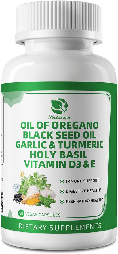 Oil of Oregano Capsules with Black Seed Oil, Garlic, Turmeric, Holy Basil | High Absorption – Immune, Digestive & Respiratory – 60 Caps, 2 Month Supply