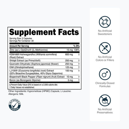 Transparent Labs Vitality Testosterone Booster - Testosterone Supplement for Men with Ashwagandha KSM-66, PrimaVie Shilajit Extract, & DIM to Support Vitality, & Bioavailable Testosterone - 60 Count