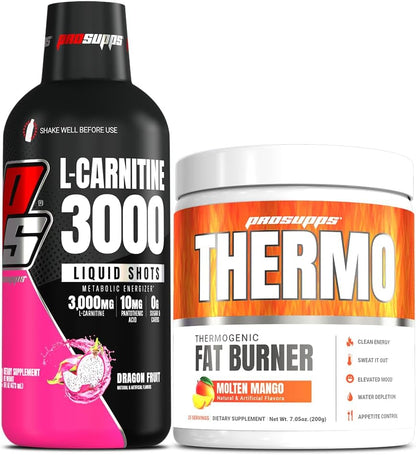 ProSupps L-Carnitine 3000 Stimulant Free Liquid Shots (31 Servings, Dragon Fruit) and Thermo Fat Burning Thermogenic Powder (25 Servings, Molten Mango) Bundle