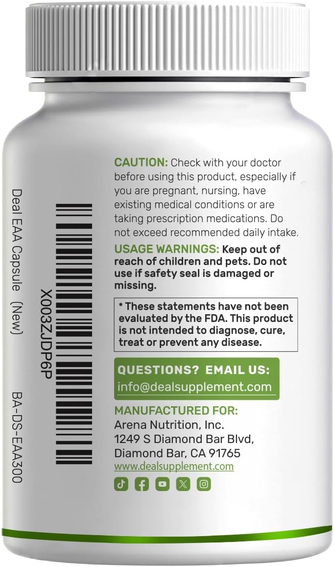 Essential Amino Acids (EAA) 2000mg Per Serving, 300 Capsules – Unflavored - 9 in 1, All BCAAs (Branched-Chain Aminos) – Lean Muscle Support & Natural Pre Workout Supplement
