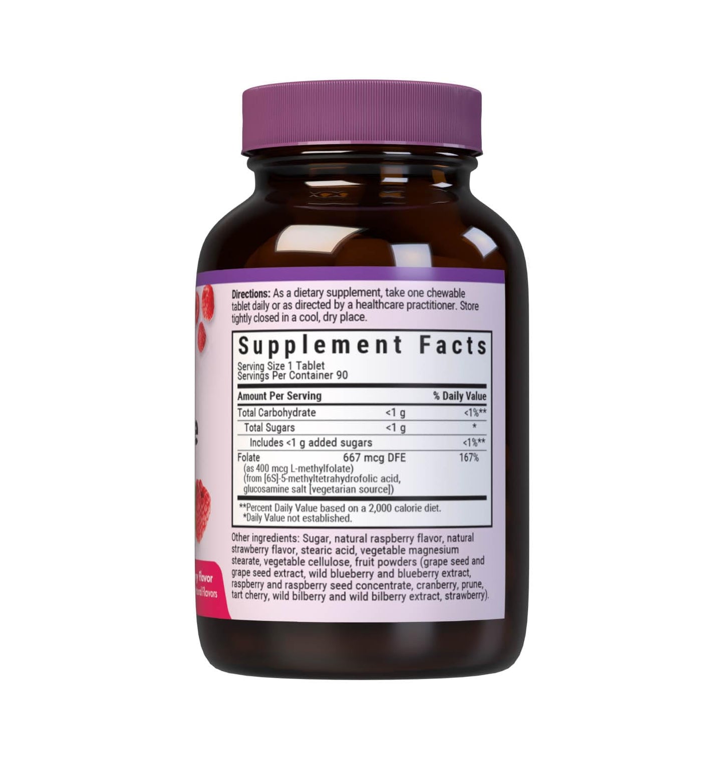 Bluebonnet EarthSweet Methylfolate 400 mcg Cellular Active Coenzyme 5-MTHF L Methyl Folate Supplement - Prenatal & Energy Support* - Non-GMO, Vegan, Gluten-Free - Raspberry - 90 Chewable Tablets
