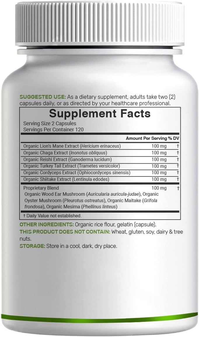 Organic 10-in-1 Mushroom Supplement, 240 Capsules – Lions Mane, Turkey Tail, Reishi, Cordyceps & More Mushroom Complex – Immune, Energy & Nootropic Brain Support – Non-GMO
