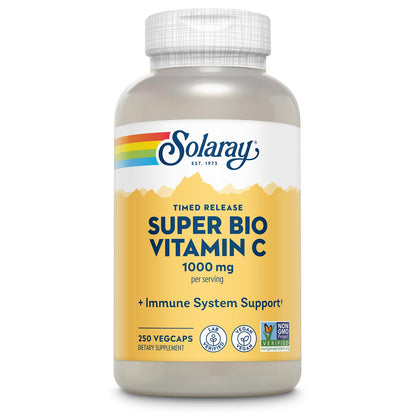SOLARAY Super Bio Vitamin C 1000mg, Buffered, Two-Stage Timed Release with Bioflavonoids, Immune Support Supplement, High Absorption, Vegan, 60-Day Guarantee – 250 VegCaps