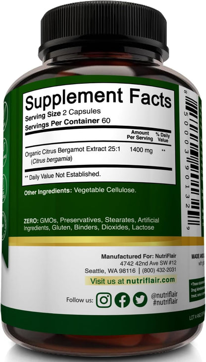 NutriFlair Organic Citrus Bergamot 1400mg, 120 Capsules - 25:1 Bergamia - Essential Oil and Citrus Bioflavonoids - Natural Heart Health Supplements for Women and Men - Non-GMO Pills