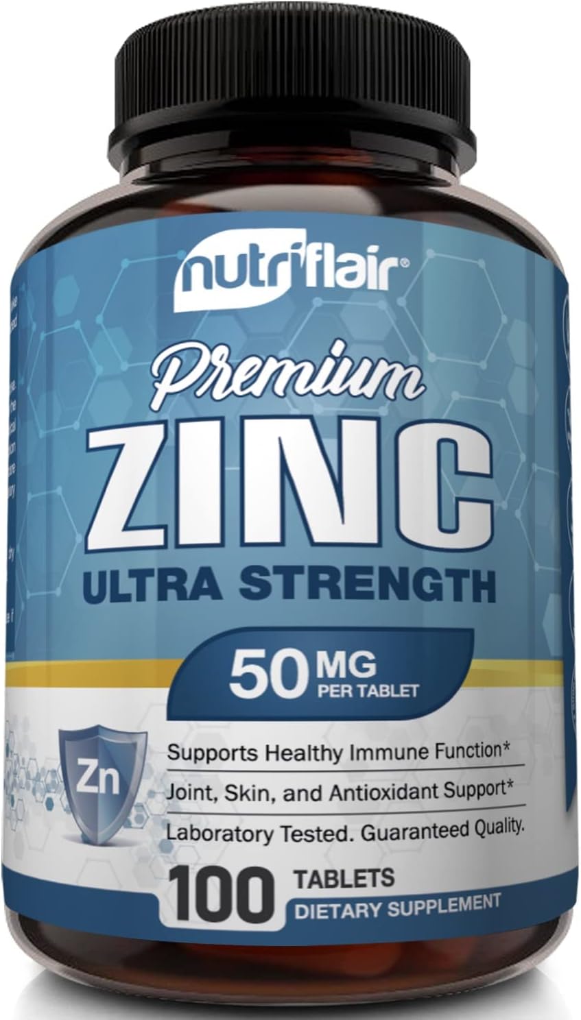 NutriFlair Zinc Gluconate 50mg, 100 Tablets - High Potency Immune System Booster Supplement Pills, Immunity Defense, Powerful Natural Antioxidant, Non-GMO, Compare with zinc picolinate, citrate, oxide