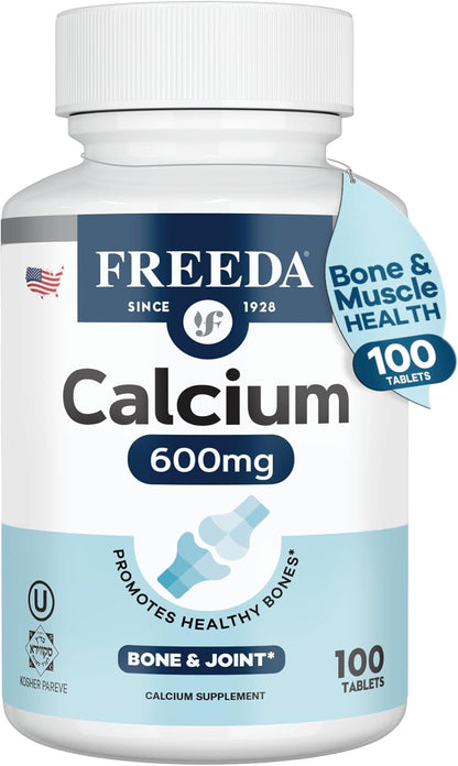 FREEDA Calcium 600mg Tablets for Bone, Joint & Teeth Support – 100 Count | Gluten-Free, Easy-to-Swallow Coated Tablets to Support Healthy Bones, Joints, Teeth, Muscle Function & Nerve Health