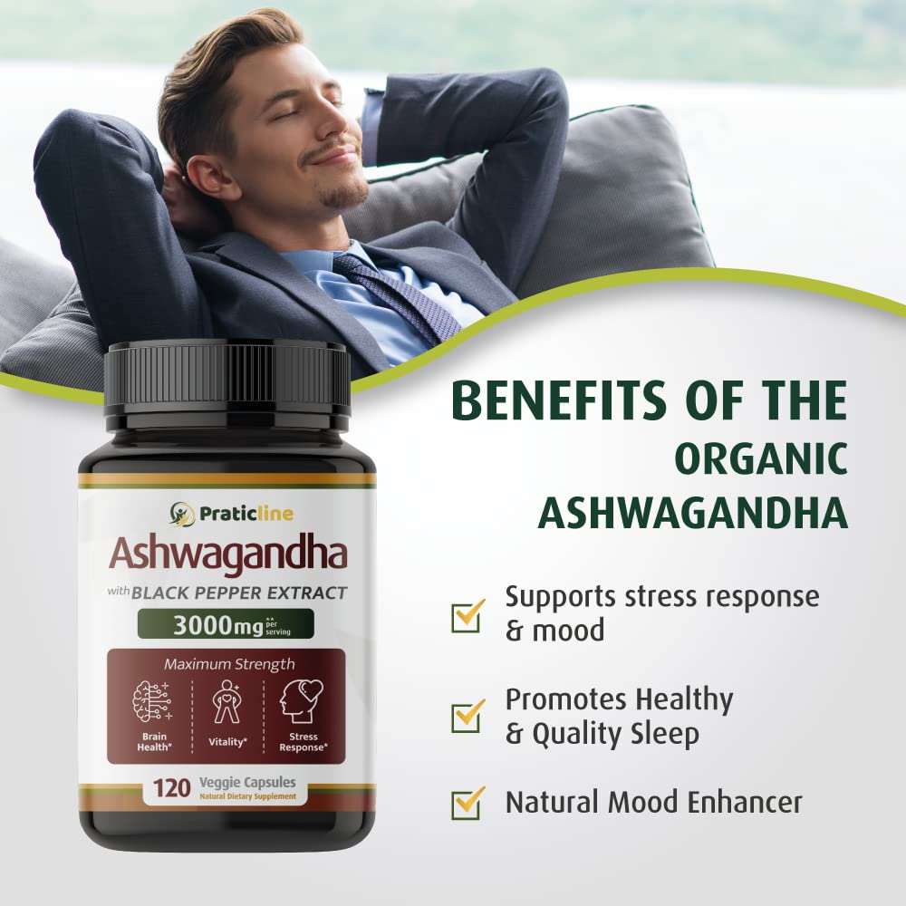 PRATIC LINE Ashwagandha Capsules 3,000 mg - 120 Vegan Cap Made with Organic