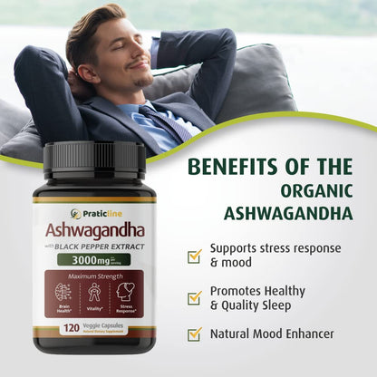 PRATIC LINE Ashwagandha Capsules 3,000 mg - 120 Vegan Cap Made with Organic