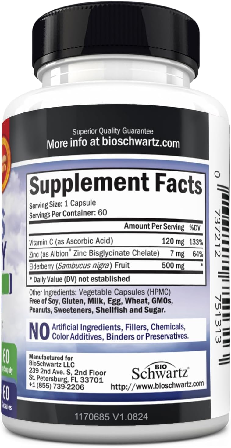 Elderberry Capsules with Zinc and Vitamin C for Adults, 60 Count