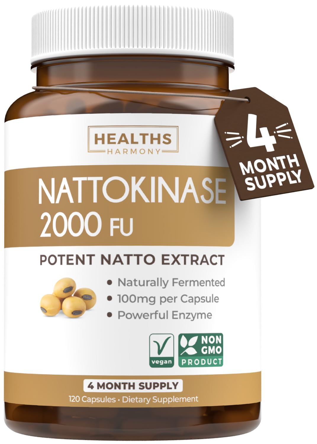 Healths Harmony Nattokinase 2000 FU (Non-GMO) Powerful Nattokinase Supplement Made from Naturally Fermented Soybeans - (4 Month Supply) 120 Vegan Natto Capsules