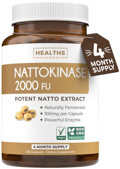 Healths Harmony Nattokinase 2000 FU (Non-GMO) Powerful Nattokinase Supplement Made from Naturally Fermented Soybeans - (4 Month Supply) 120 Vegan Natto Capsules
