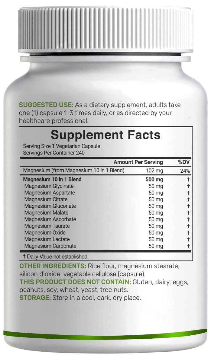 Magnesium Complex 500mg, 240 Veggie Capsules – 10-in-1 Glycinate, Citrate, Malate, Oxide, & More – 100% Chelated for Easy Absorption – Essential Mineral Supplement – Non-GMO