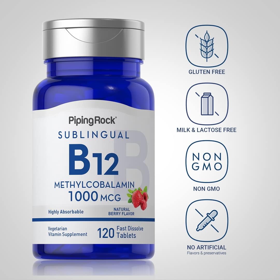 Piping Rock Vitamin B12 1000 mcg Sublingual | 120 Tablets | As Methylcobalamin | Berry Flavor | Vegetarian, Non-GMO, Gluten Free Supplement
