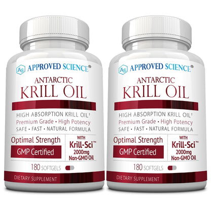 Approved Science Krill Oil - 2000mg Antarctic Krill Oil, 650mcg Astaxanthin - 260mg EPA, 160mg DHA - 180 Softgels