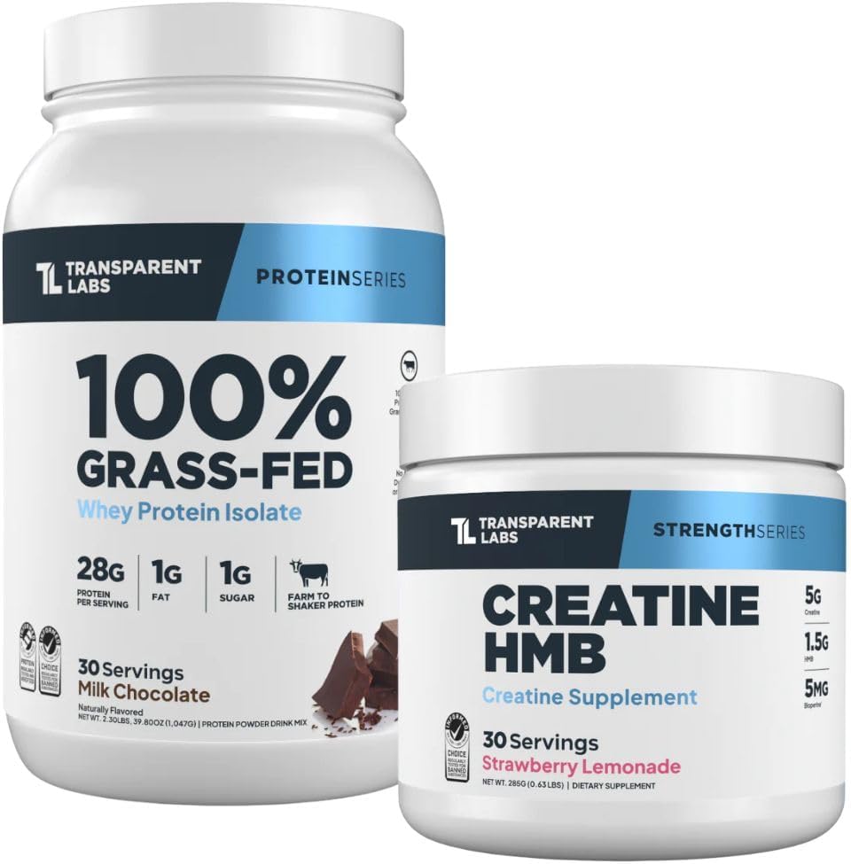 Transparent Labs Grass-Fed Whey Protein Isolate (30 Servings, Milk Chocolate) & Creatine HMB (30 Servings, Strawberry Lemonade)