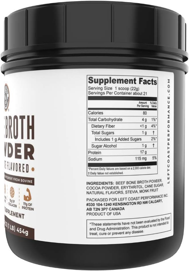 Left Coast Performance Chocolate Bone Broth and Multi Collagen Powder for Joint, Hair, Skin, and Nails Support