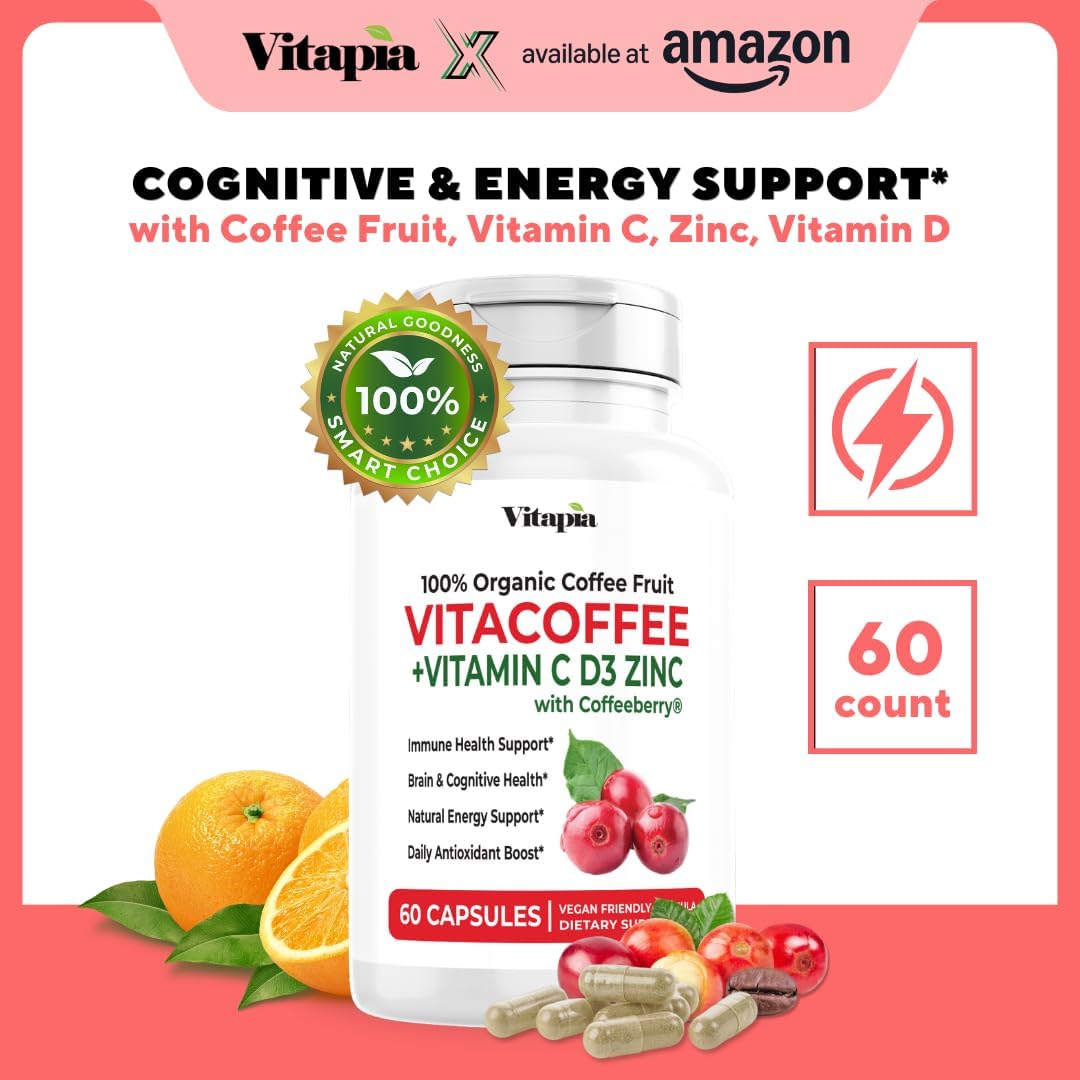 Vitacoffee Caffeine Pills - Coffee Fruit, Vitamin C, Vitamin D, Zinc Gluconate - Energy, Memory, Focus, Antioxidant, Skin Support - 60 Veggie Capsules - Non-GMO, Gluten-Free, Vegan Supplement