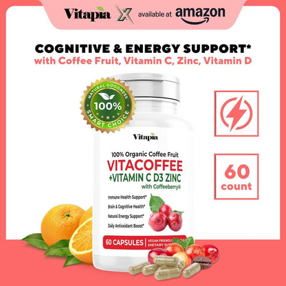 Vitacoffee Caffeine Pills - Coffee Fruit, Vitamin C, Vitamin D, Zinc Gluconate - Energy, Memory, Focus, Antioxidant, Skin Support - 60 Veggie Capsules - Non-GMO, Gluten-Free, Vegan Supplement