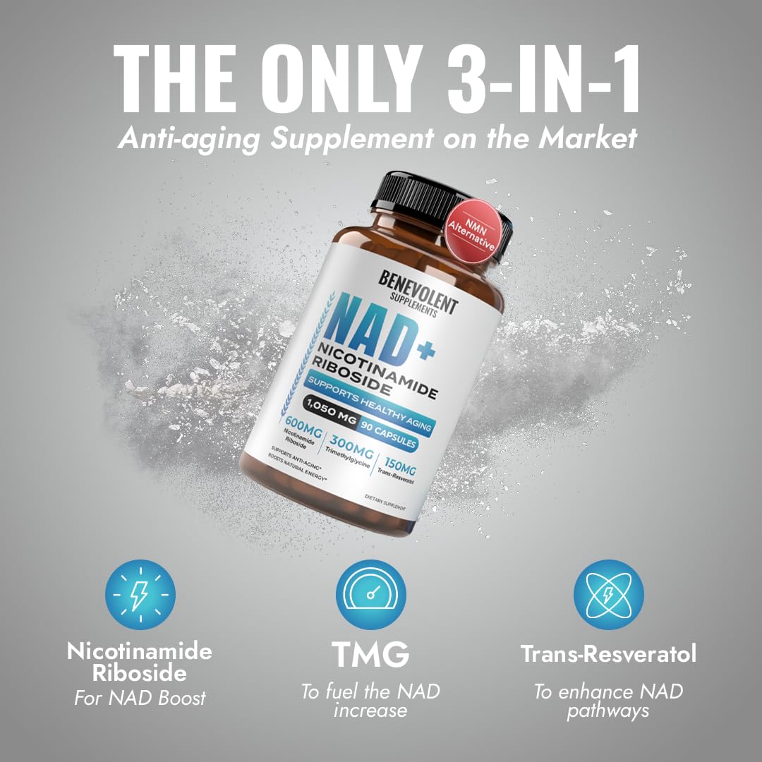 Benevolent NAD+ Supplement 1050mg, Max Absorption 3in1 NAD Supplements for Women & Men with Nicotinamide Riboside, Trans-Resveratrol & TMG, NAD Plus for Cellular Energy, Brain Support & Aging, 90 Caps