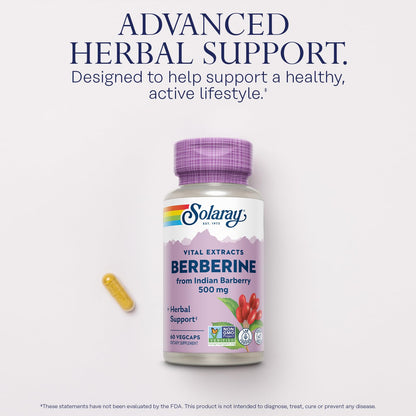 SOLARAY Berberine 500mg - Berberine Supplement for a Healthy, Active Lifestyle - with Berberine HCl from Indian Barberry - Vegan, Non-GMO, 60-Day Guarantee, Lab Verified - 100 Servings, 100 VegCaps