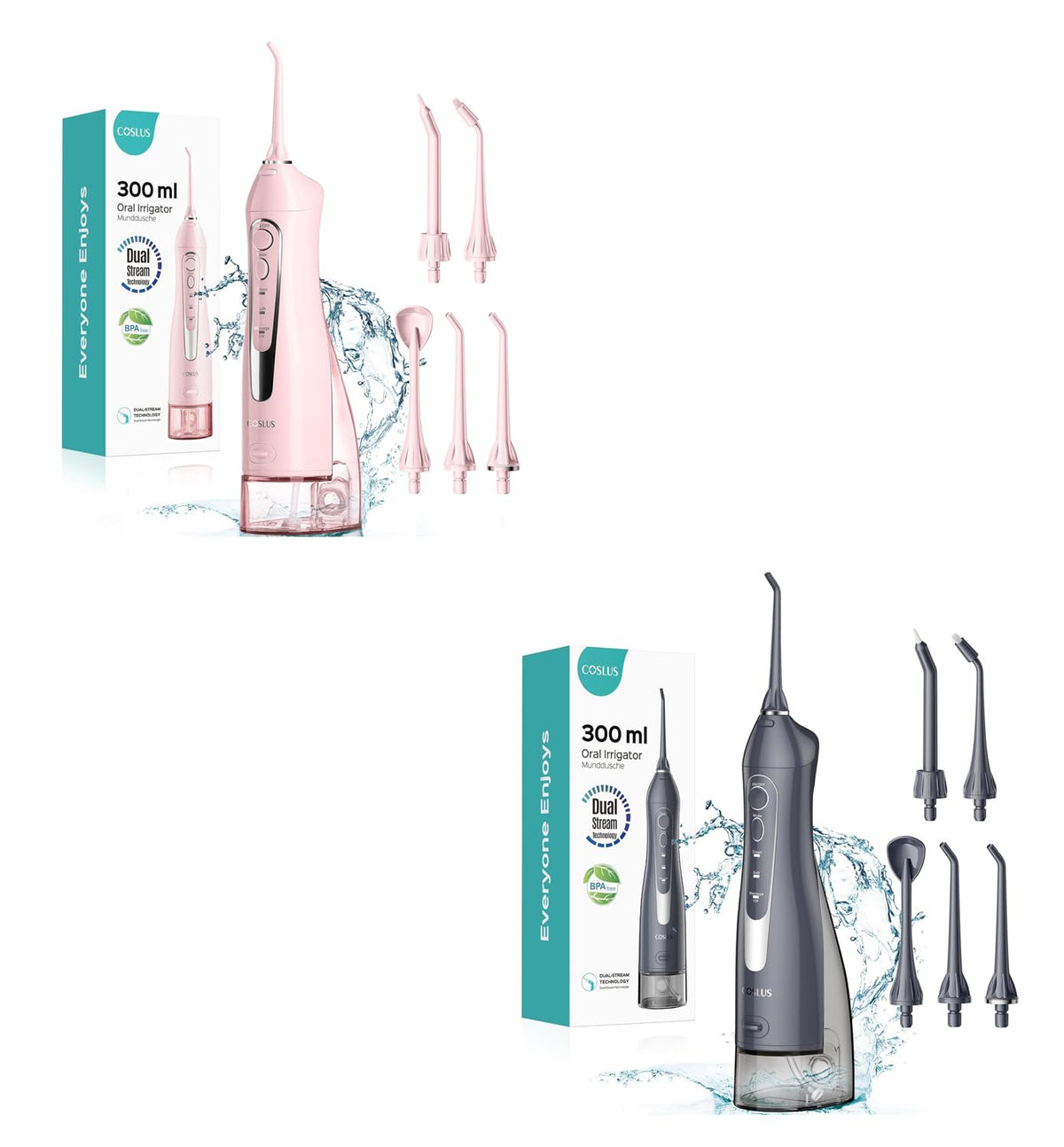 Water Dental Teeth Flosser Pick: 300ML Rechargeable Travel Irrigation Cleaner IPX7 Waterproof Portable Cordless Teeth Cleaning Pink and Grey