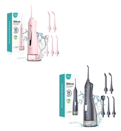 Water Dental Teeth Flosser Pick: 300ML Rechargeable Travel Irrigation Cleaner IPX7 Waterproof Portable Cordless Teeth Cleaning Pink and Grey